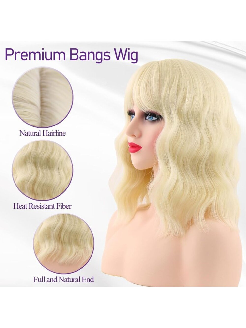 Women's Blonde 14 Inch Heat Resistant Synthetic Short Wavy Bob Wigs Bangs